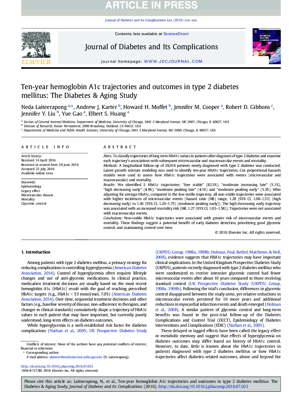 Ten-year hemoglobin A1c trajectories and outcomes in type 2 diabetes mellitus: The Diabetes & Aging Study