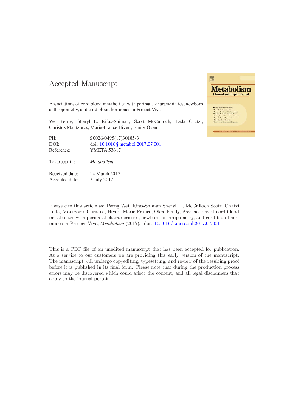 Associations of cord blood metabolites with perinatal characteristics, newborn anthropometry, and cord blood hormones in project viva