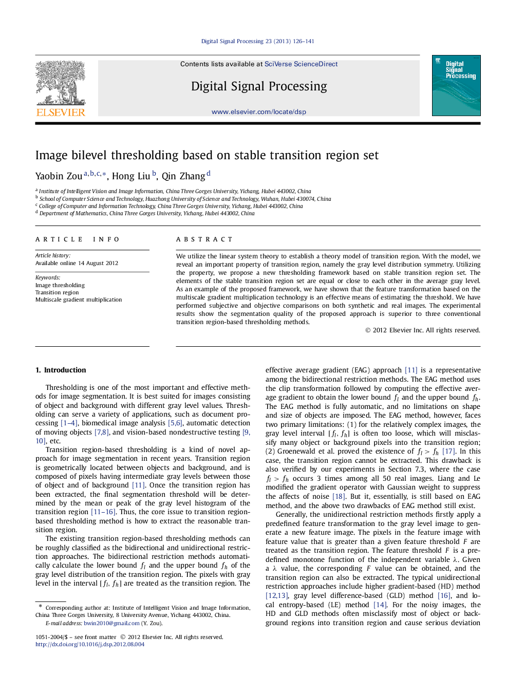 Image bilevel thresholding based on stable transition region set