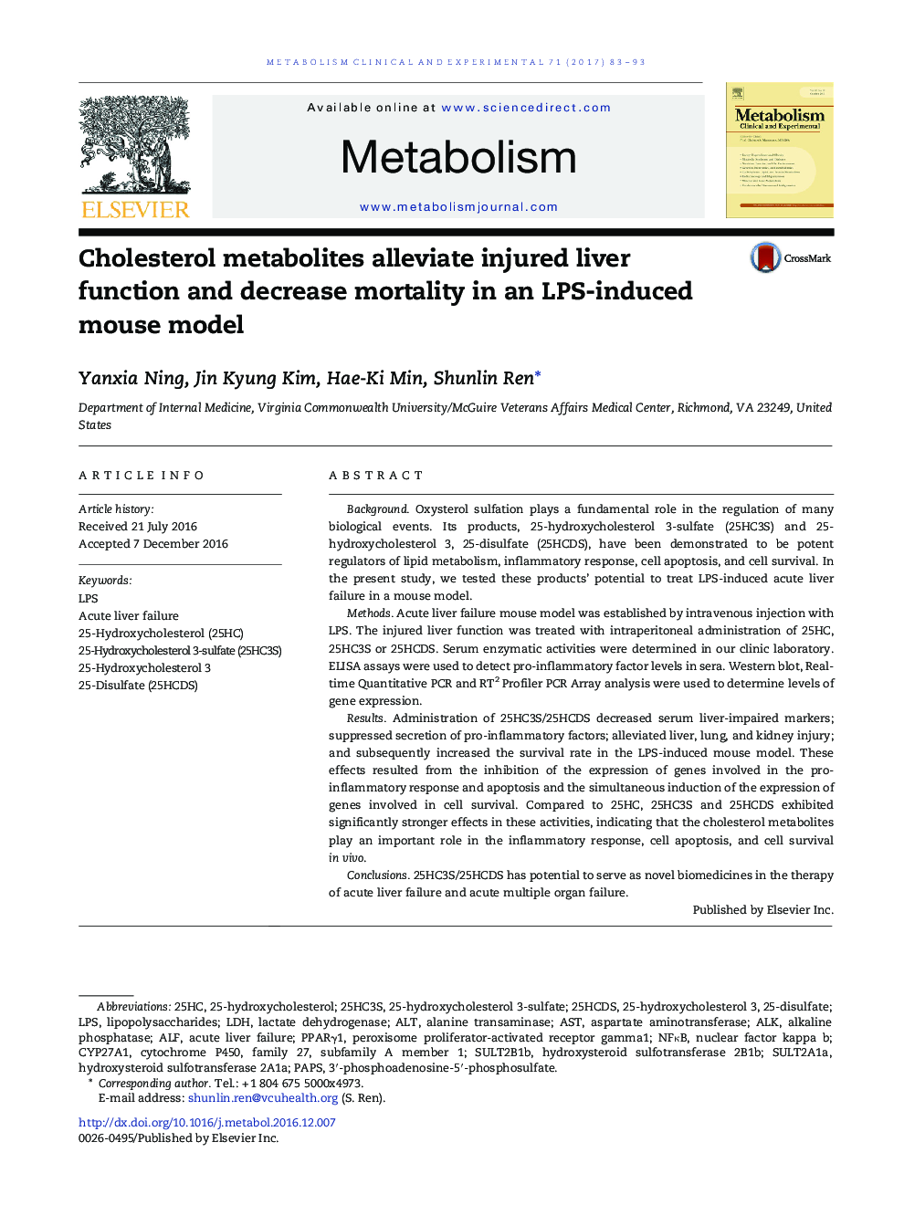 Cholesterol metabolites alleviate injured liver function and decrease mortality in an LPS-induced mouse model