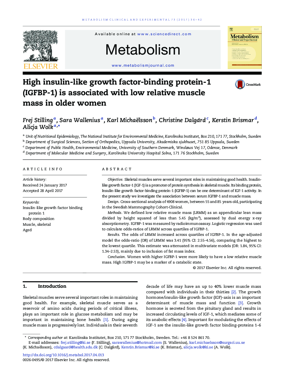 Clinical ScienceHigh insulin-like growth factor-binding protein-1 (IGFBP-1) is associated with low relative muscle mass in older women