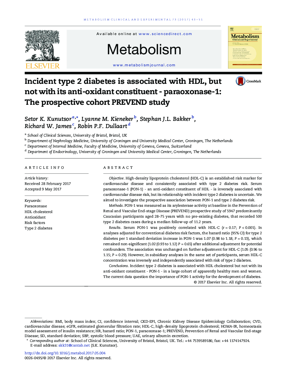 Incident type 2 diabetes is associated with HDL, but not with its anti-oxidant constituent - paraoxonase-1: The prospective cohort PREVEND study