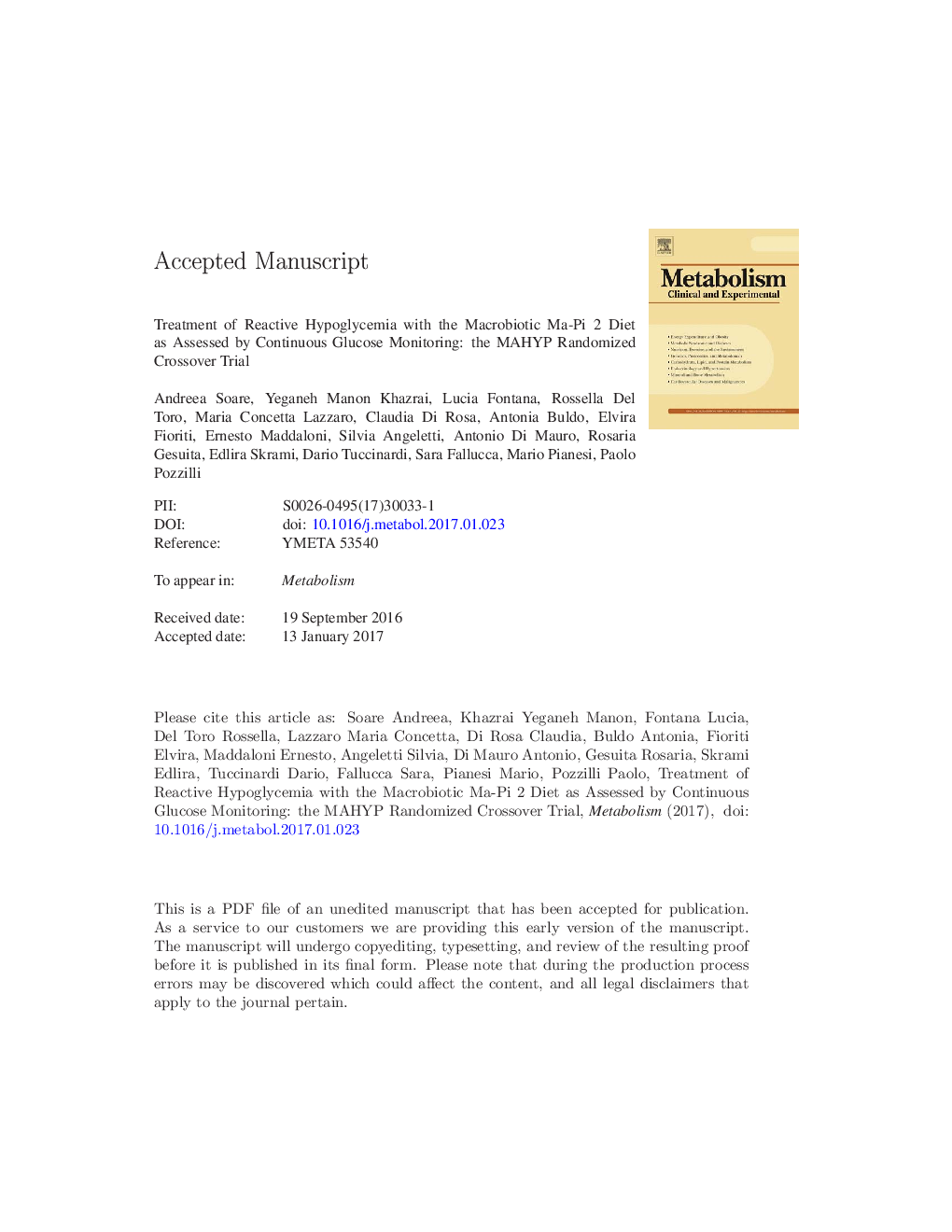 Treatment of reactive hypoglycemia with the macrobiotic Ma-pi 2 diet as assessed by continuous glucose monitoring: The MAHYP randomized crossover trial