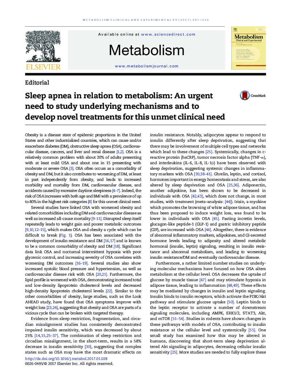آپنه خواب در ارتباط با متابولیسم: نیاز فوری به مطالعه مکانیزم های زیربنایی و توسعه درمان های جدید برای این نیاز بالینی ناخواسته 