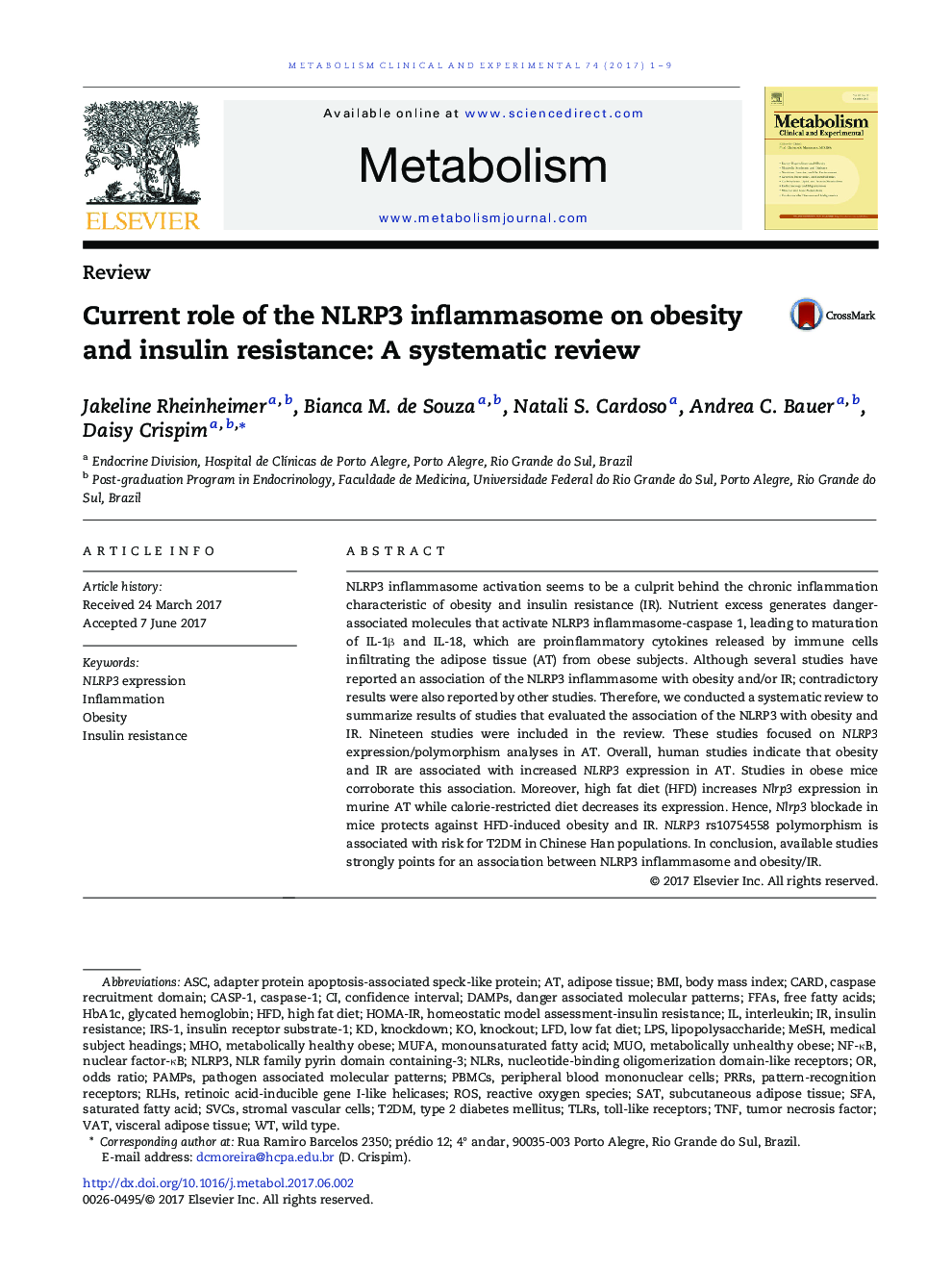 Current role of the NLRP3 inflammasome on obesity and insulin resistance: A systematic review