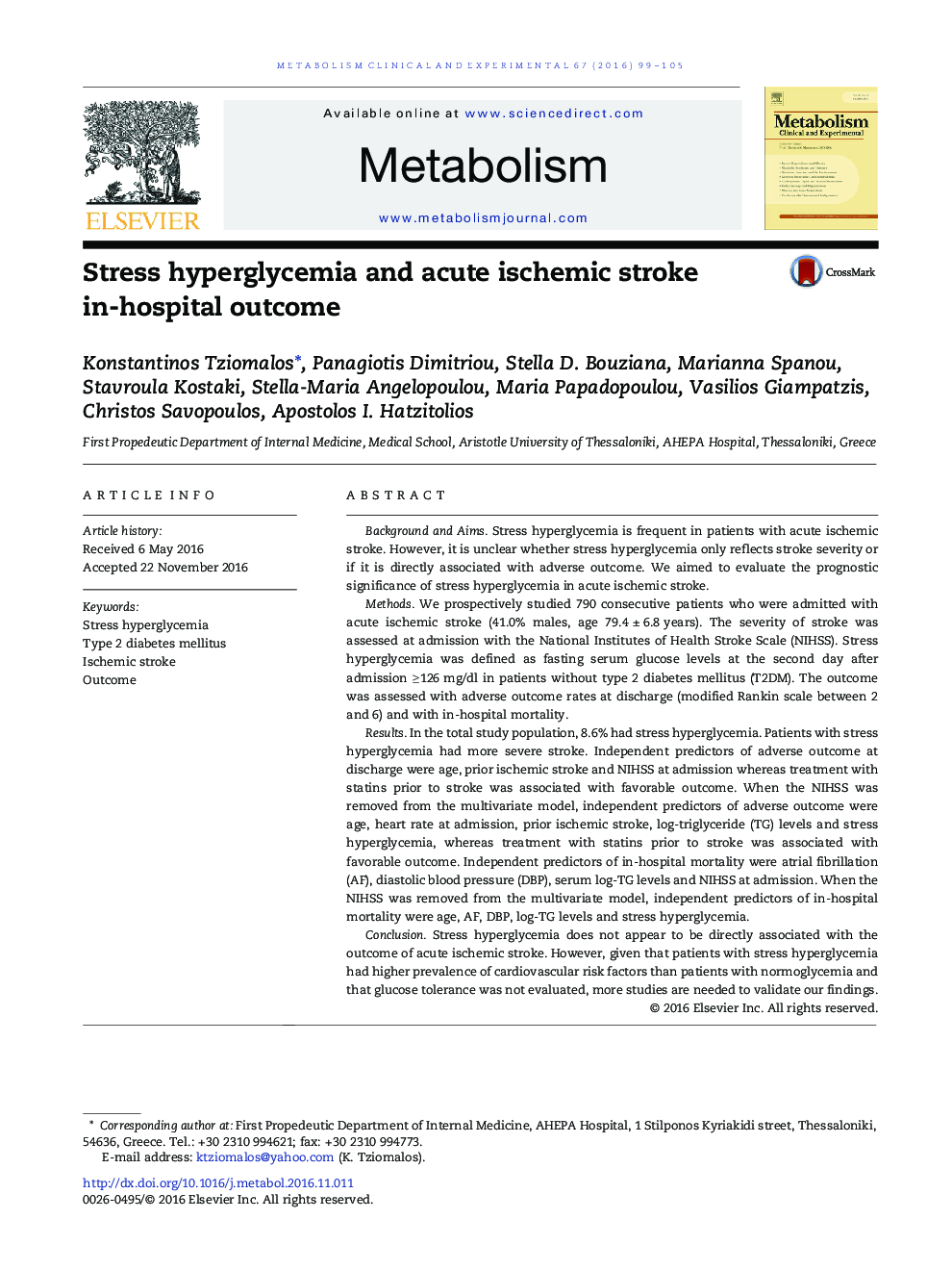 Stress hyperglycemia and acute ischemic stroke in-hospital outcome