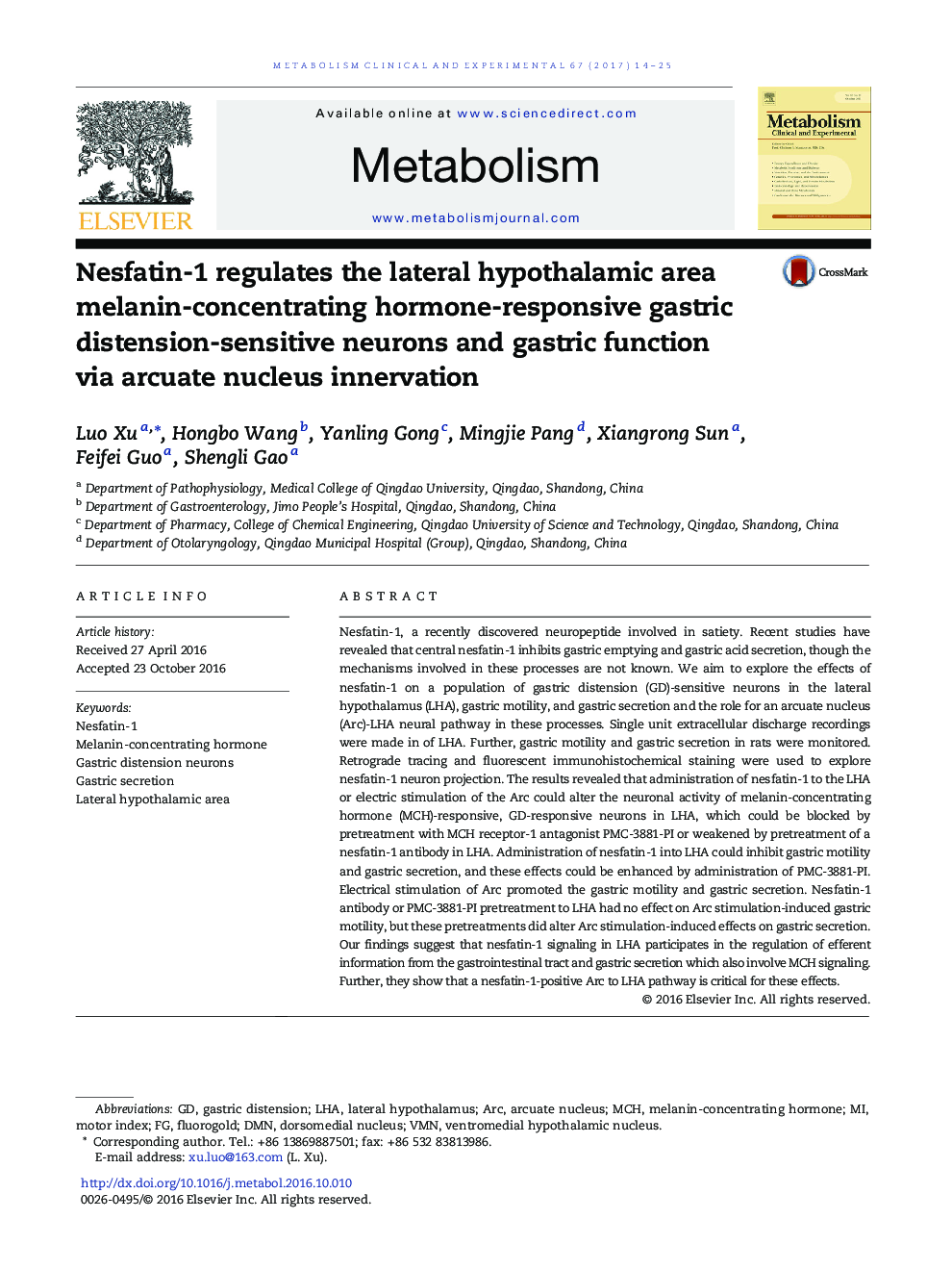 Nesfatin-1 regulates the lateral hypothalamic area melanin-concentrating hormone-responsive gastric distension-sensitive neurons and gastric function via arcuate nucleus innervation