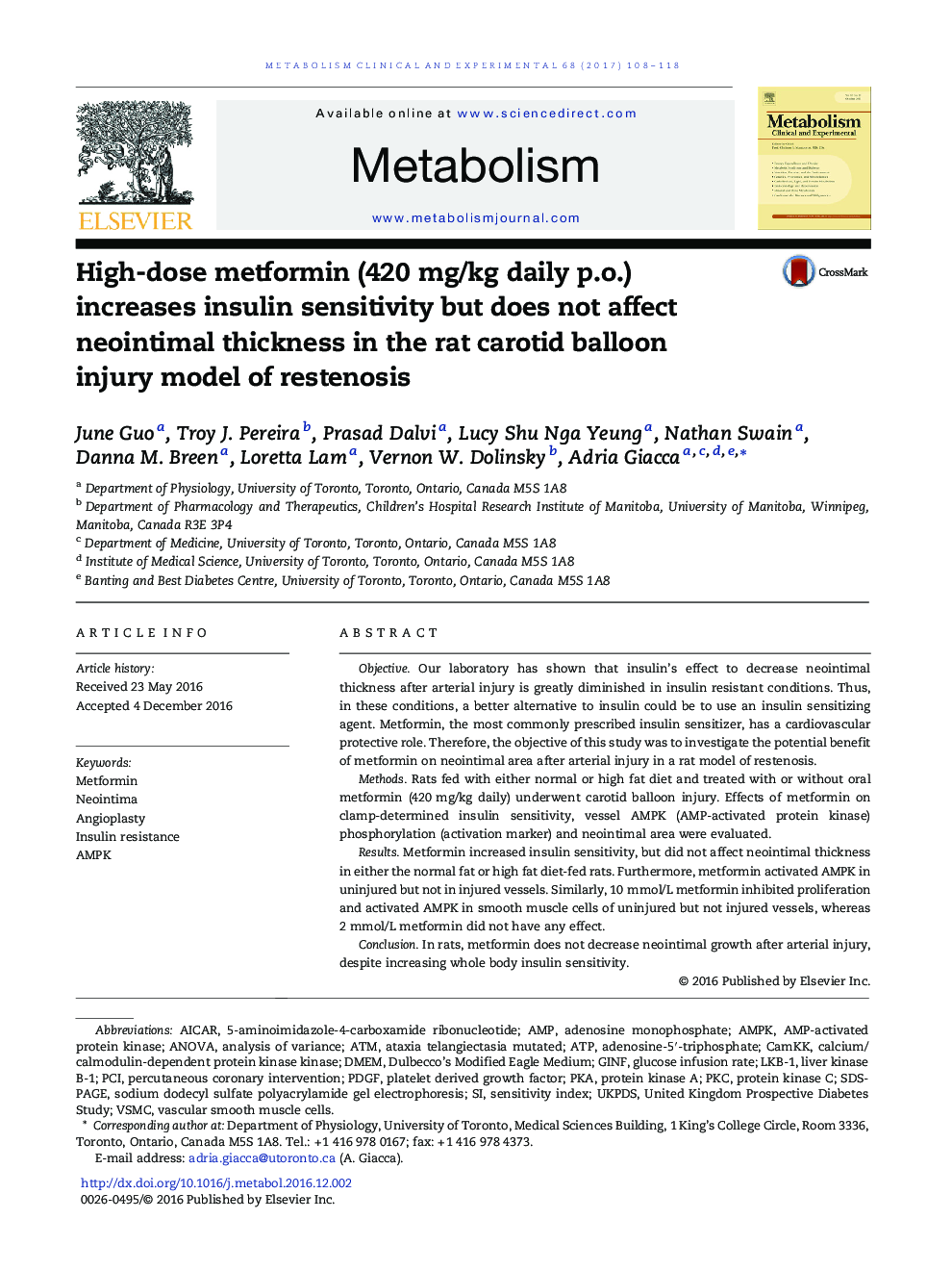 High-dose metformin (420Â mg/kg daily p.o.) increases insulin sensitivity but does not affect neointimal thickness in the rat carotid balloon injury model of restenosis