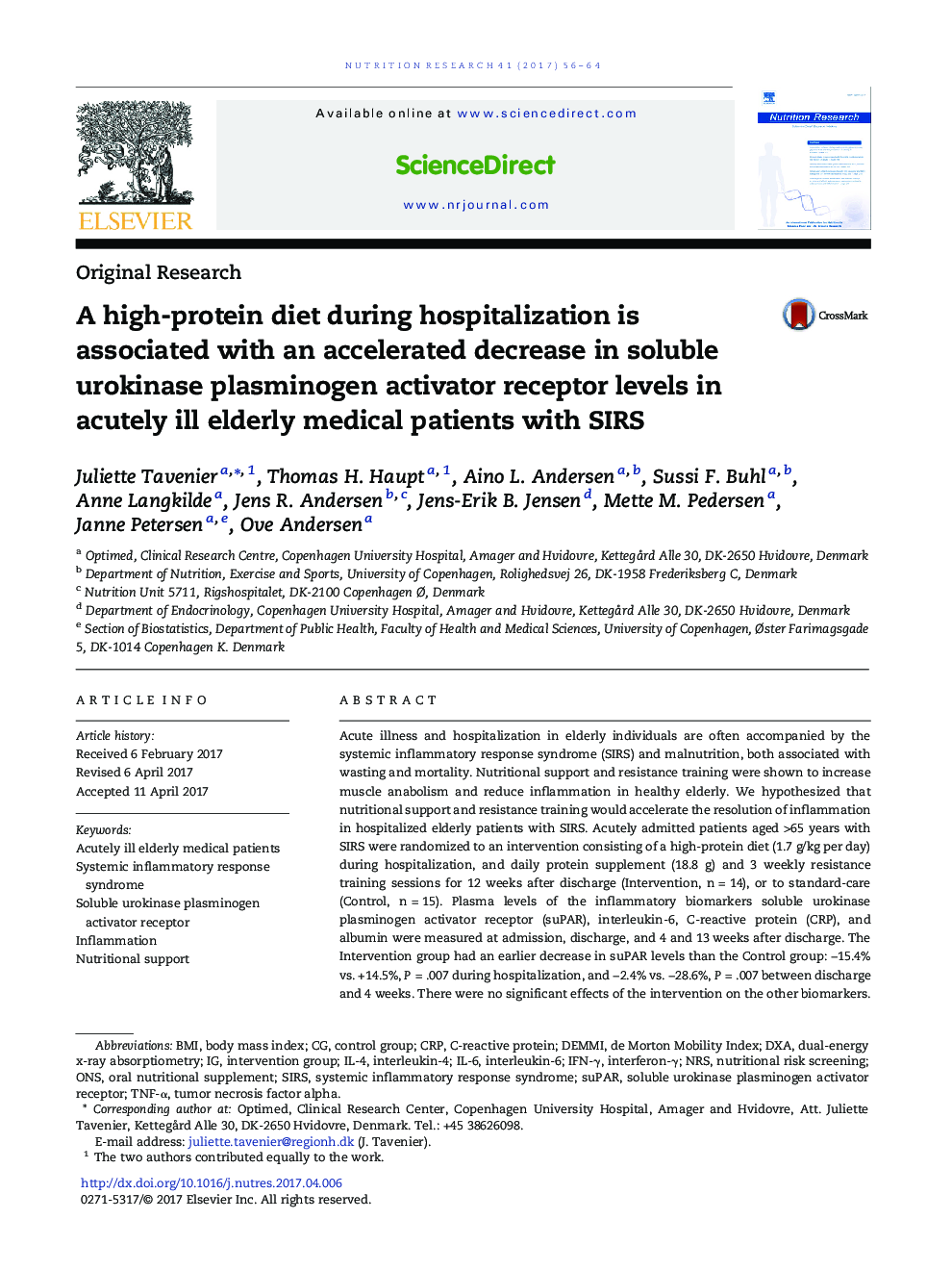 A high-protein diet during hospitalization is associated with an accelerated decrease in soluble urokinase plasminogen activator receptor levels in acutely ill elderly medical patients with SIRS