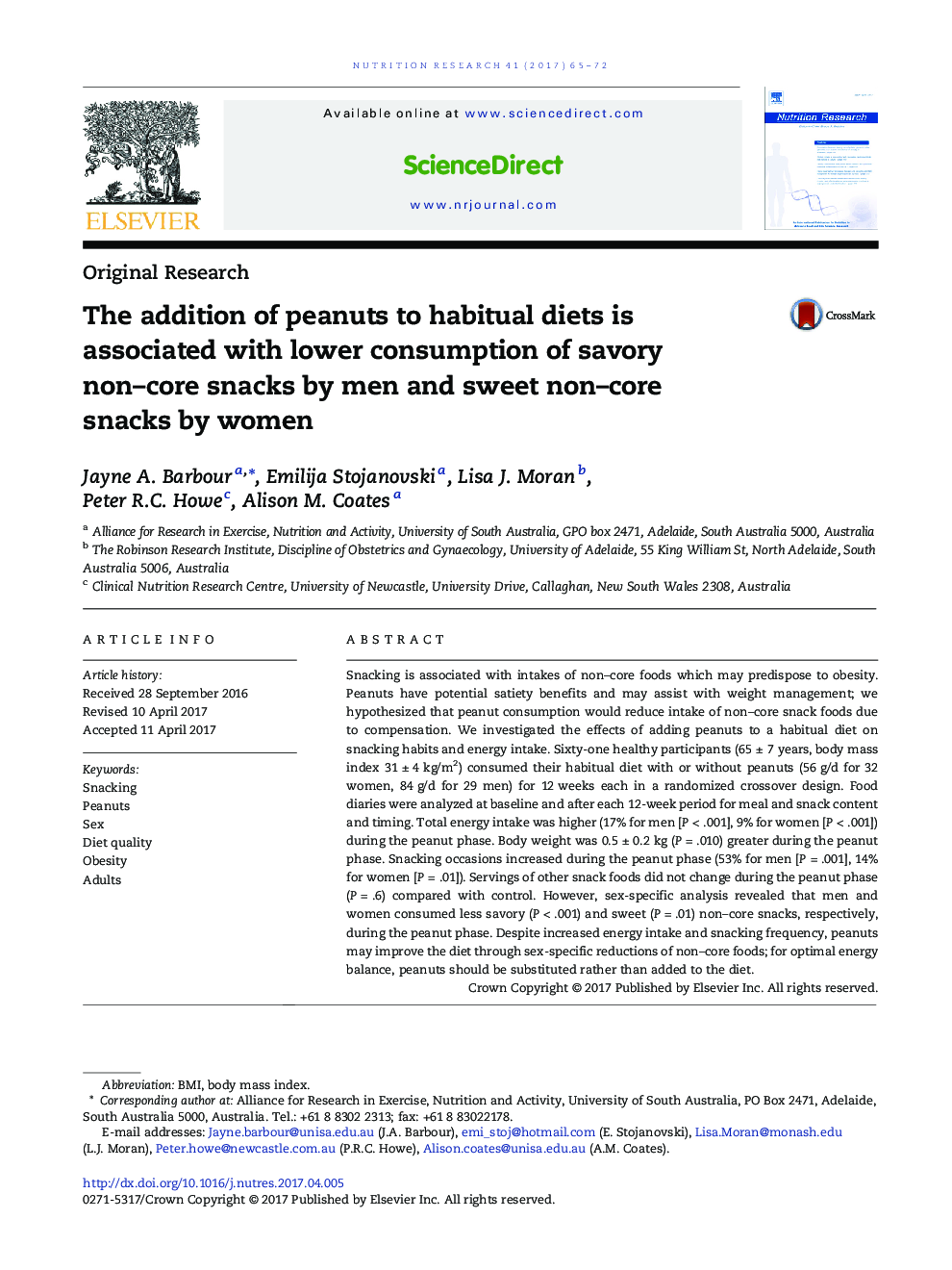 The addition of peanuts to habitual diets is associated with lower consumption of savory non-core snacks by men and sweet non-core snacks by women