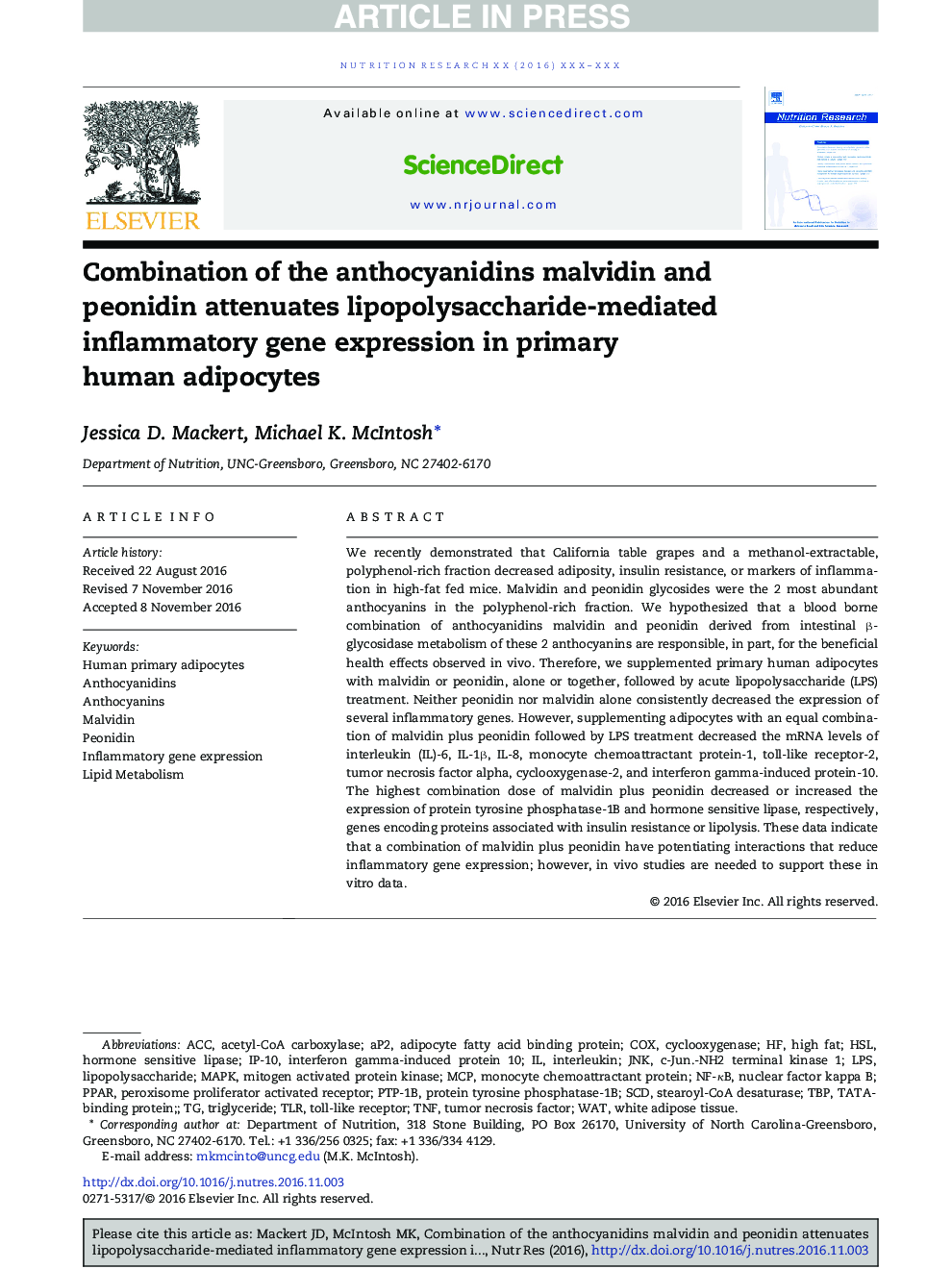 Combination of the anthocyanidins malvidin and peonidin attenuates lipopolysaccharide-mediated inflammatory gene expression in primary human adipocytes