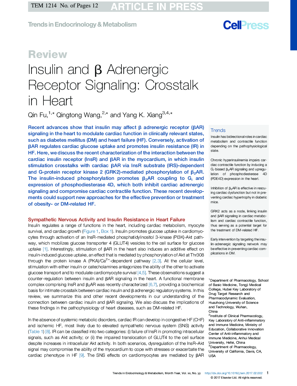 Insulin and Î² Adrenergic Receptor Signaling: Crosstalk in Heart