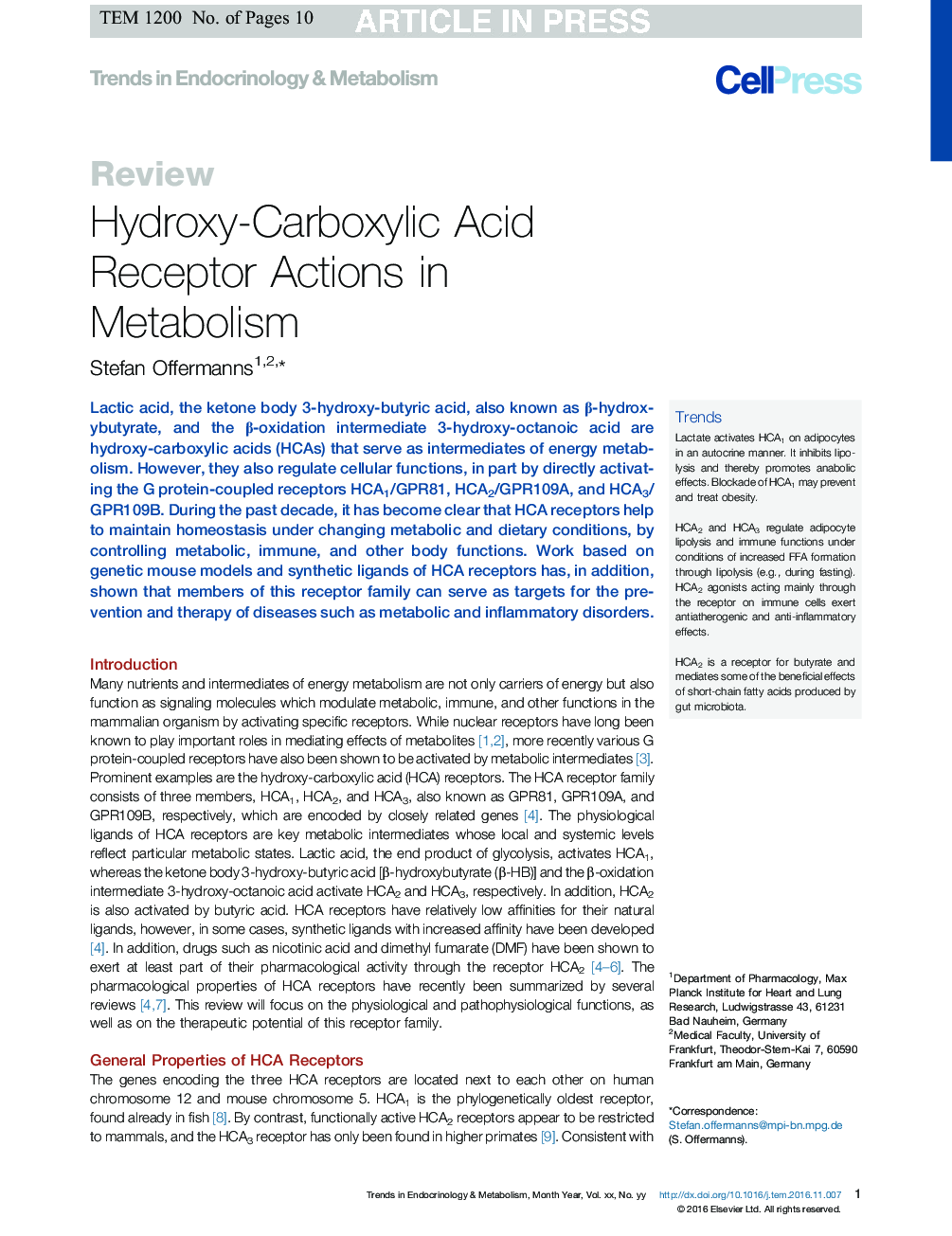 Hydroxy-Carboxylic Acid Receptor Actions in Metabolism