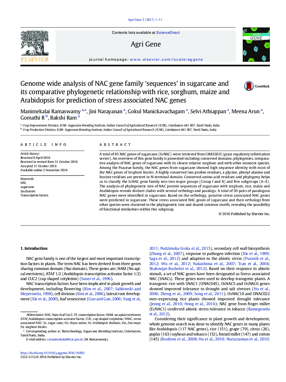 Genome wide analysis of NAC gene family 'sequences' in sugarcane and its comparative phylogenetic relationship with rice, sorghum, maize and Arabidopsis for prediction of stress associated NAC genes