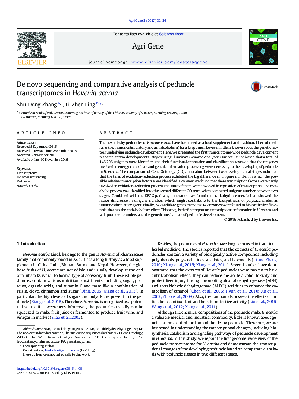 De novo sequencing and comparative analysis of peduncle transcriptomes in Hovenia acerba