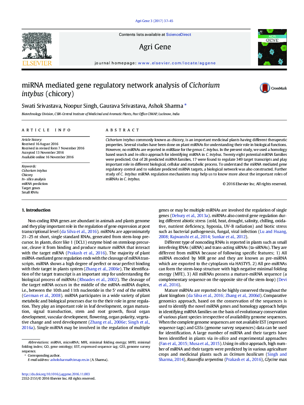 miRNA mediated gene regulatory network analysis of Cichorium intybus (chicory)