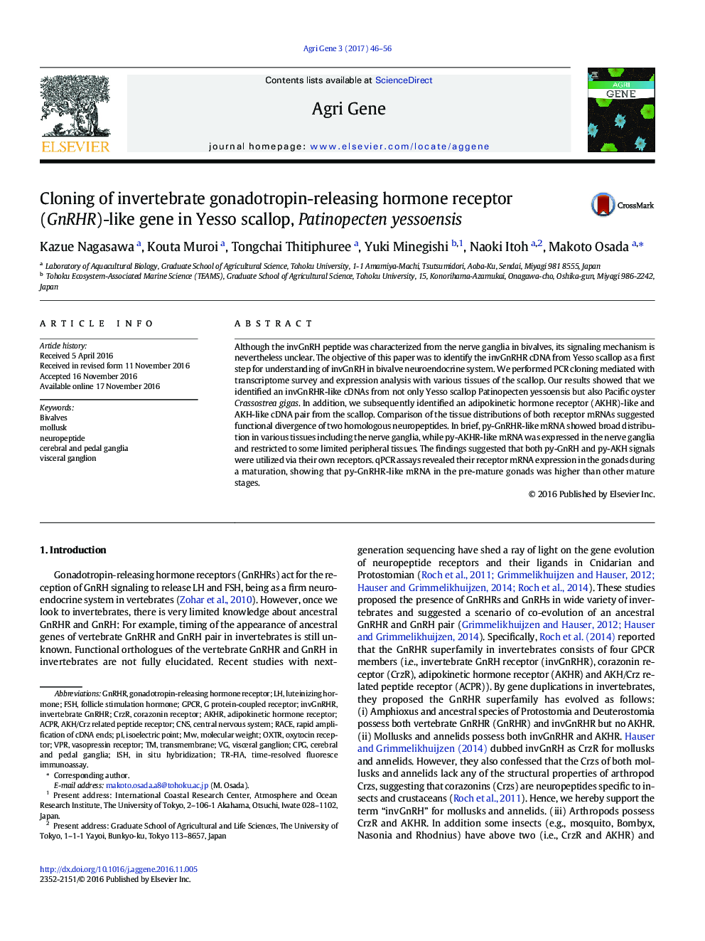 Cloning of invertebrate gonadotropin-releasing hormone receptor (GnRHR)-like gene in Yesso scallop, Patinopecten yessoensis