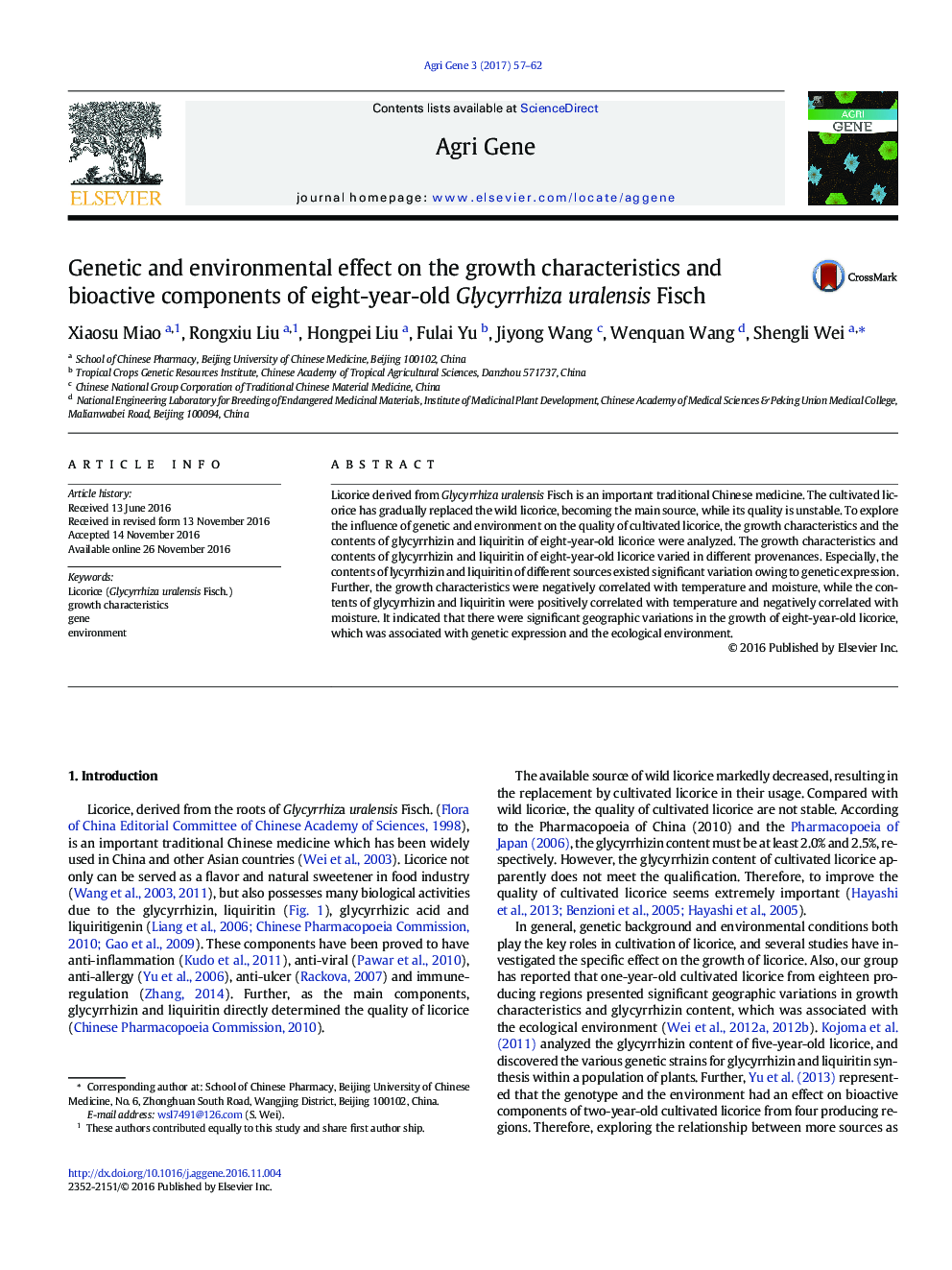 Genetic and environmental effect on the growth characteristics and bioactive components of eight-year-old Glycyrrhiza uralensis Fisch