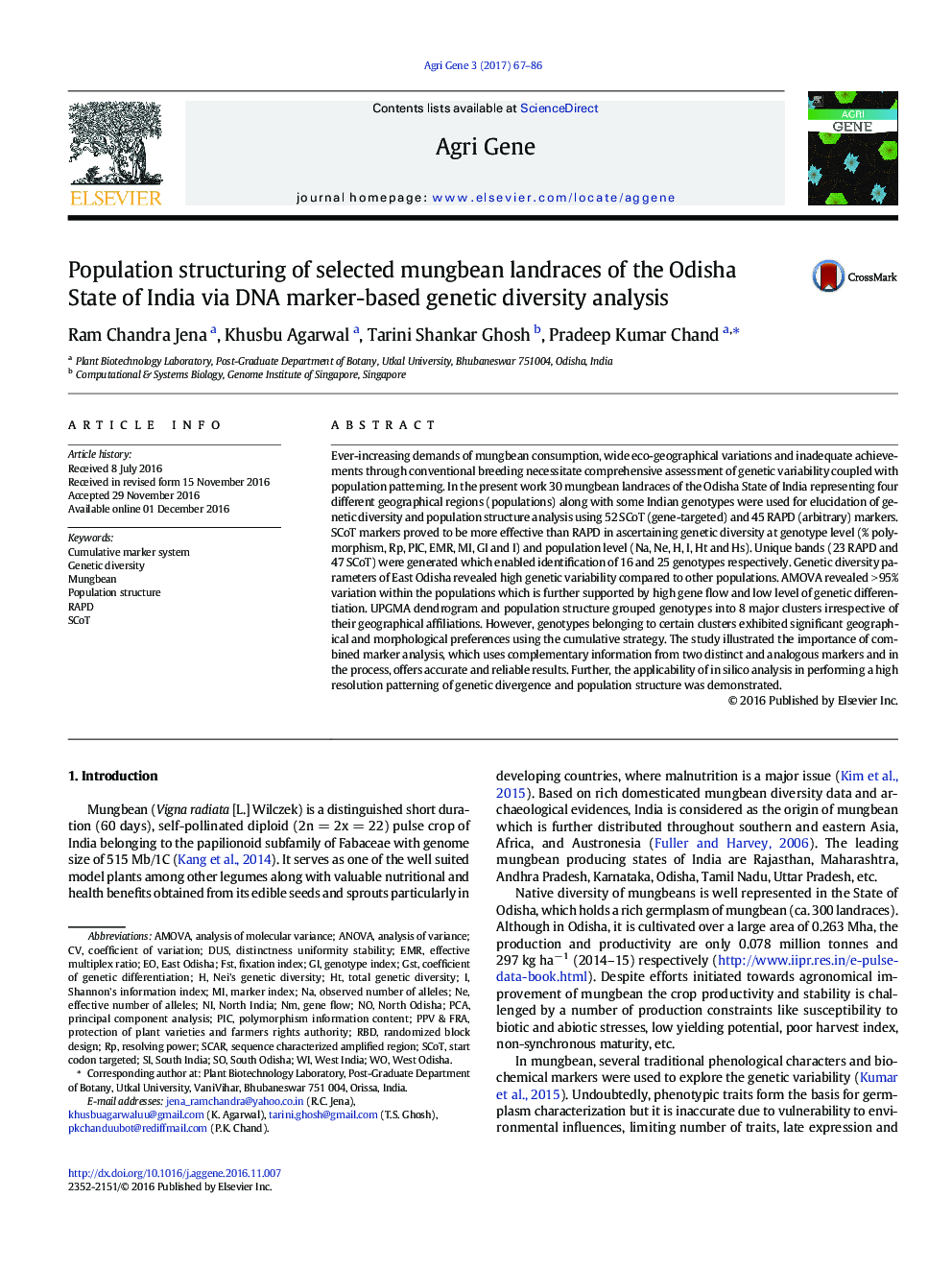 Population structuring of selected mungbean landraces of the Odisha State of India via DNA marker-based genetic diversity analysis