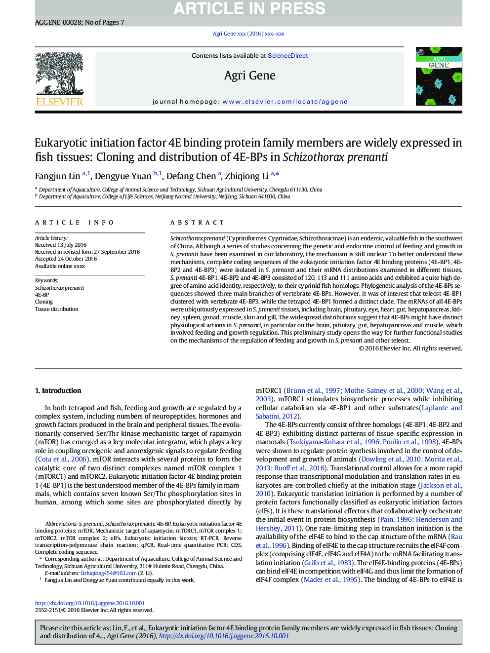 Eukaryotic initiation factor 4E binding protein family members are widely expressed in fish tissues: Cloning and distribution of 4E-BPs in Schizothorax prenanti