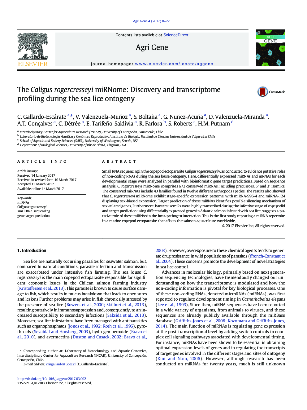 The Caligus rogercresseyi miRNome: Discovery and transcriptome profiling during the sea lice ontogeny