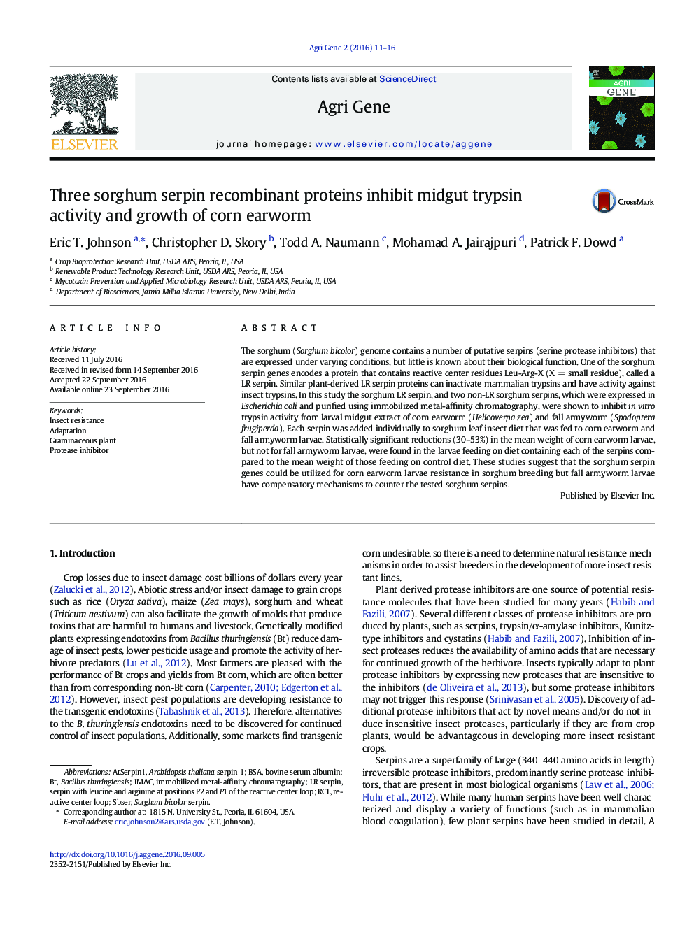 Three sorghum serpin recombinant proteins inhibit midgut trypsin activity and growth of corn earworm