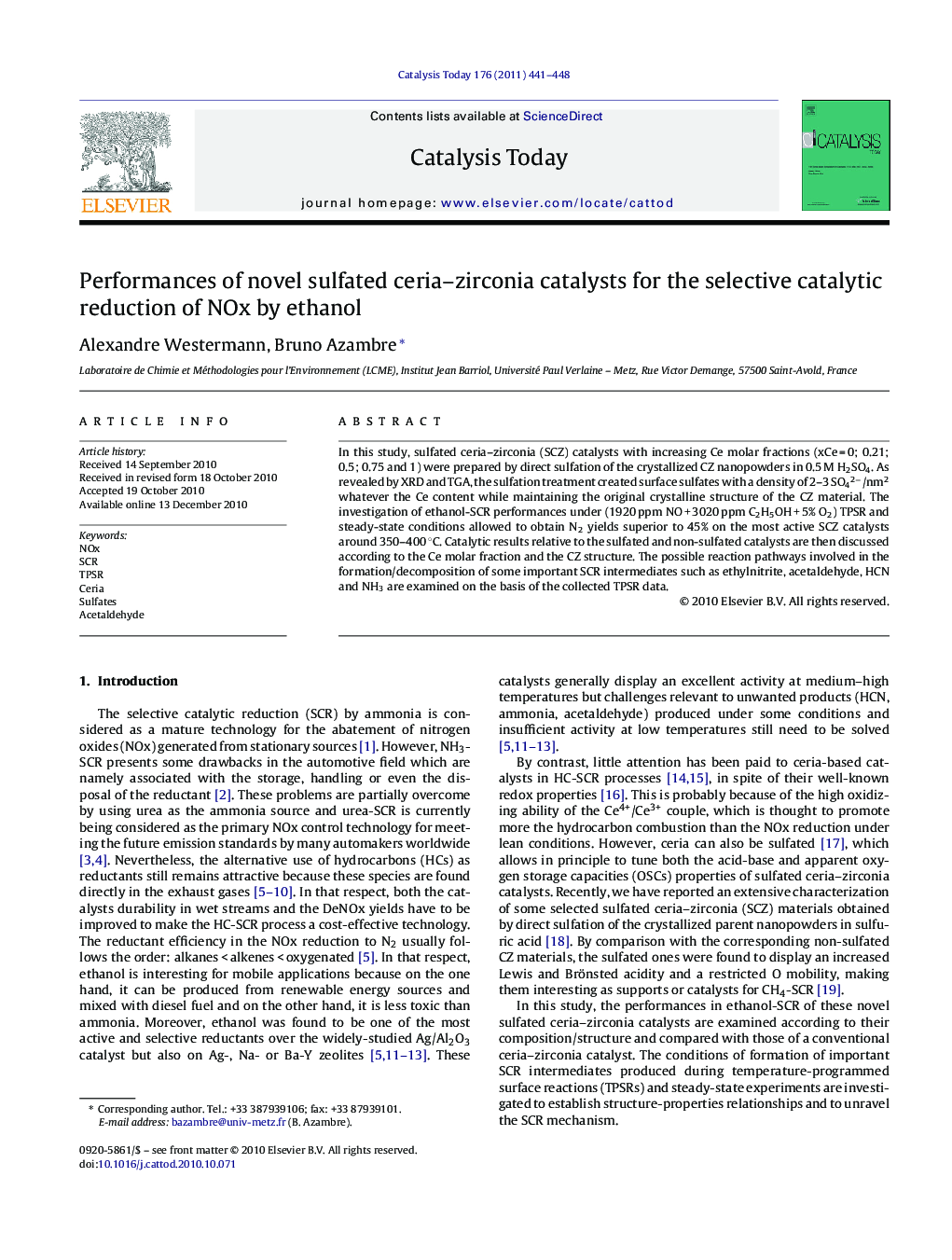 Performances of novel sulfated ceria–zirconia catalysts for the selective catalytic reduction of NOx by ethanol