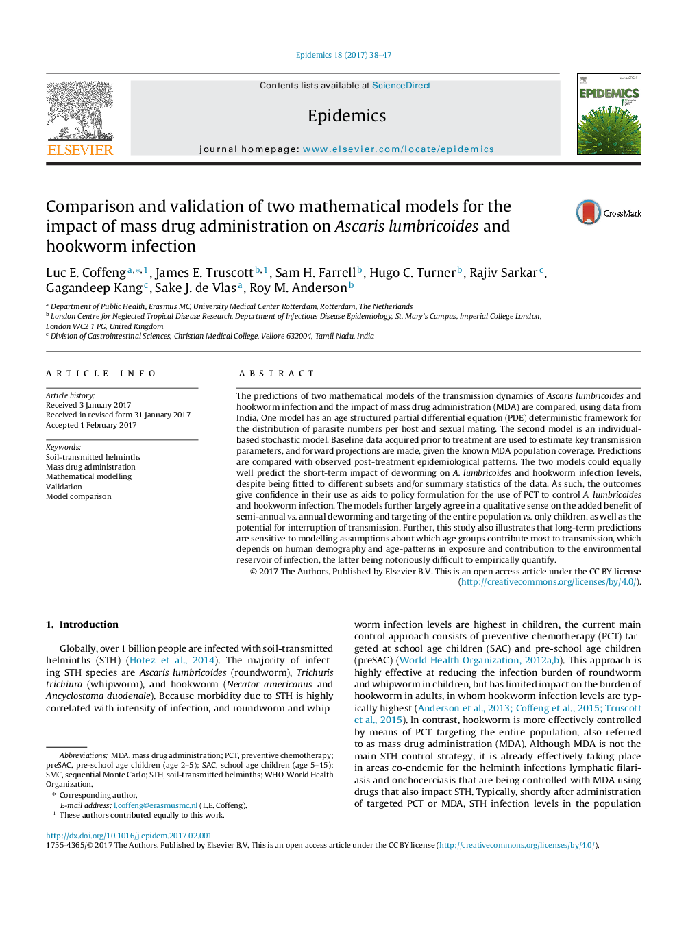 Comparison and validation of two mathematical models for the impact of mass drug administration on Ascaris lumbricoides and hookworm infection