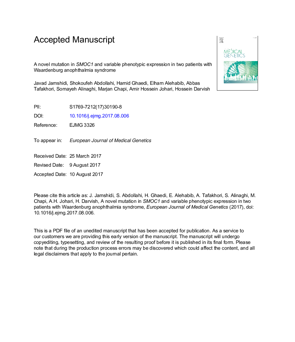 A novel mutation in SMOC1 and variable phenotypic expression in two patients with Waardenburg anophthalmia syndrome