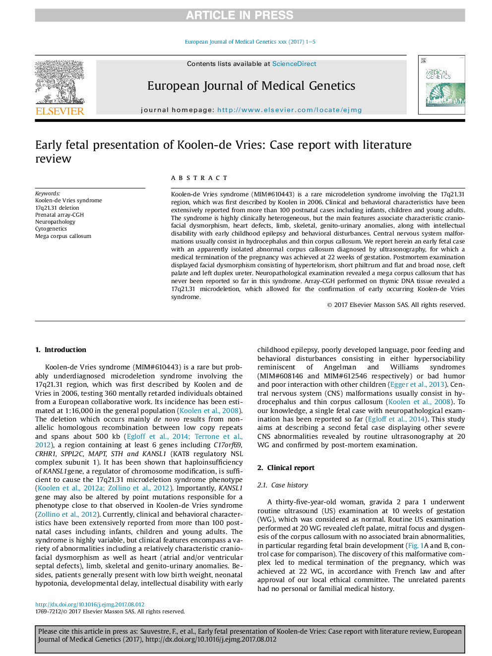 Early fetal presentation of Koolen-de Vries: Case report with literature review