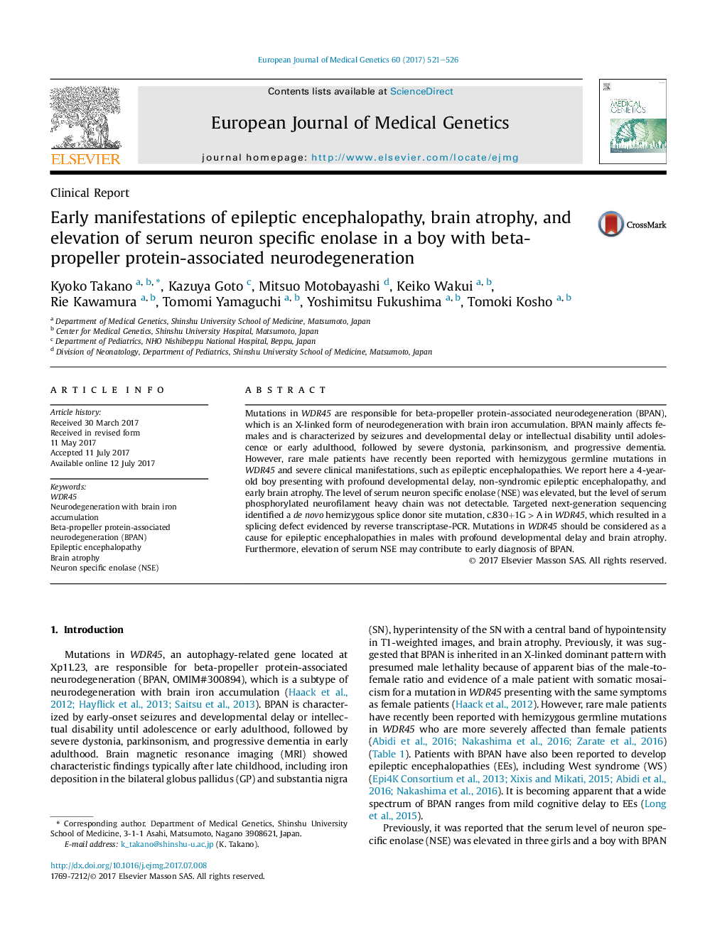 Clinical ReportEarly manifestations of epileptic encephalopathy, brain atrophy, and elevation of serum neuron specific enolase in a boy with beta-propeller protein-associated neurodegeneration