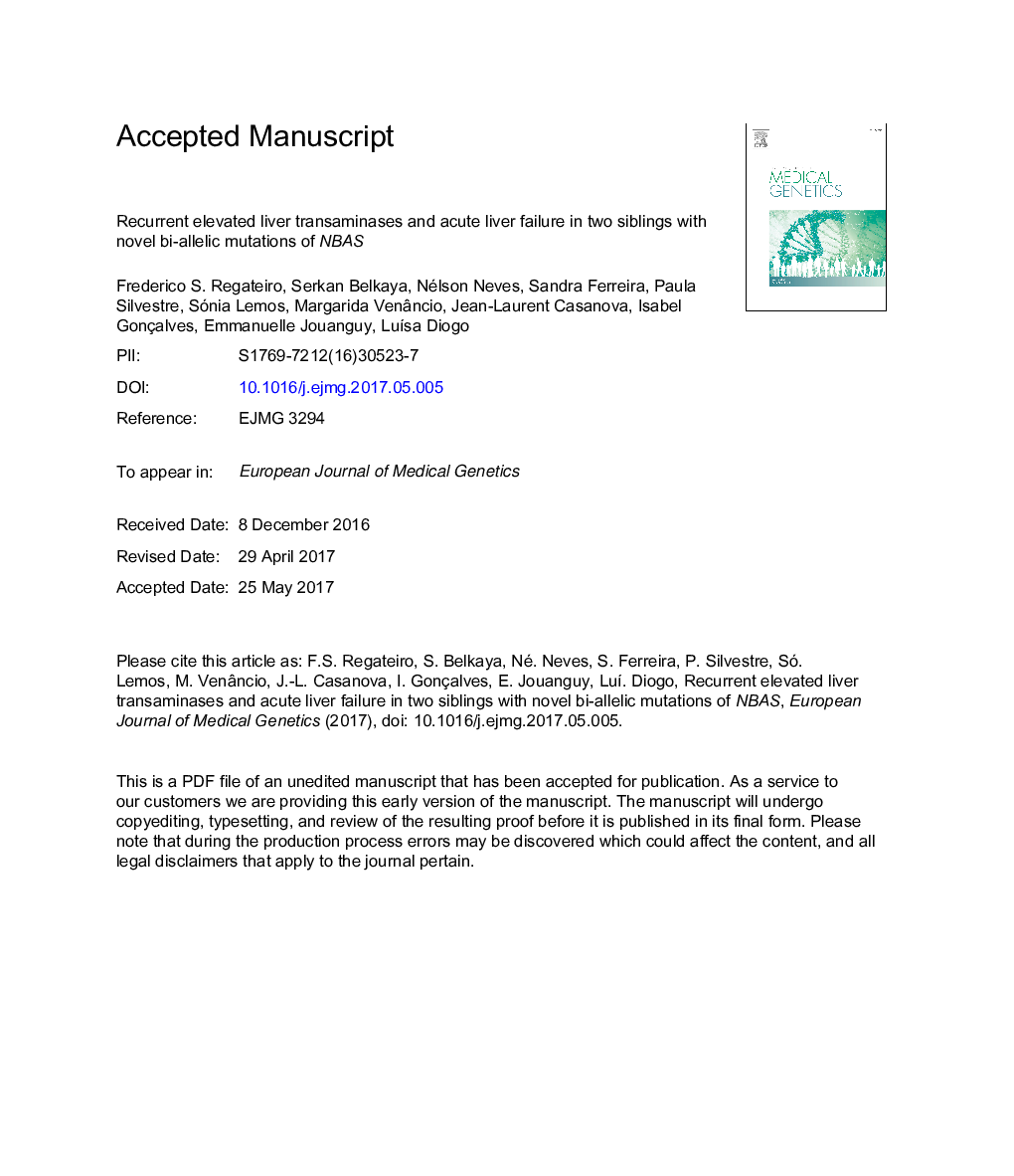 عکس صفحه اول مقاله: Recurrent elevated liver transaminases and acute liver failure in two siblings with novel bi-allelic mutations of NBAS Recurrent elevated liver transaminases and acute liver failure in two siblings with novel bi-allelic mutations of NBAS