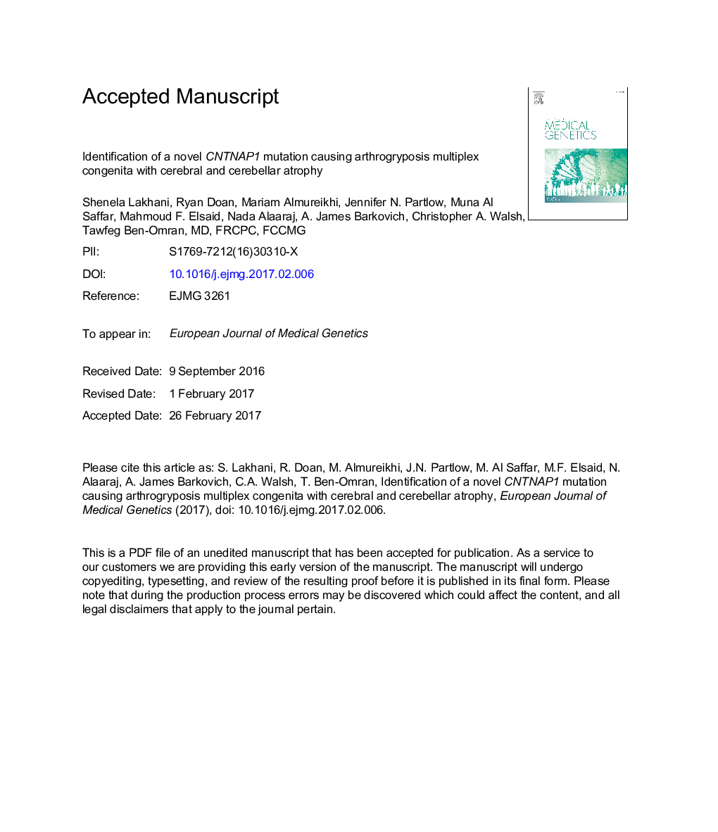 Identification of a novel CNTNAP1 mutation causing arthrogryposis multiplex congenita with cerebral and cerebellar atrophy