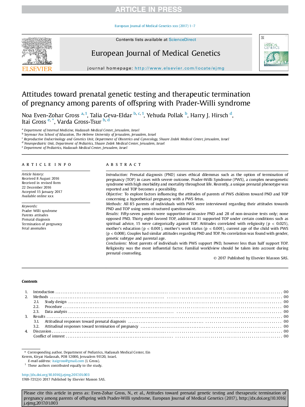 Attitudes toward prenatal genetic testing and therapeutic termination of pregnancy among parents of offspring with Prader-Willi syndrome