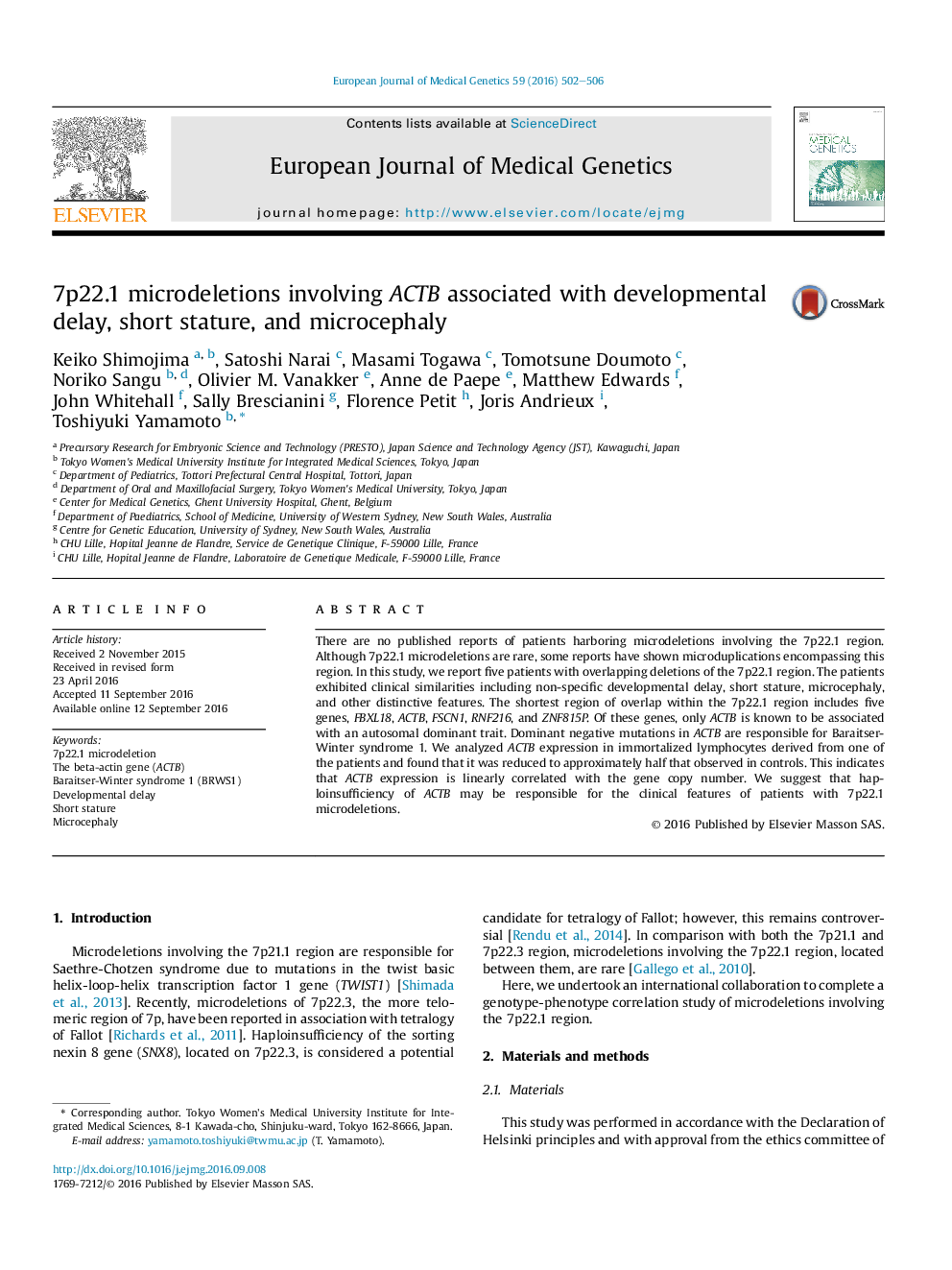 7p22.1 microdeletions involving ACTB associated with developmental delay, short stature, and microcephaly