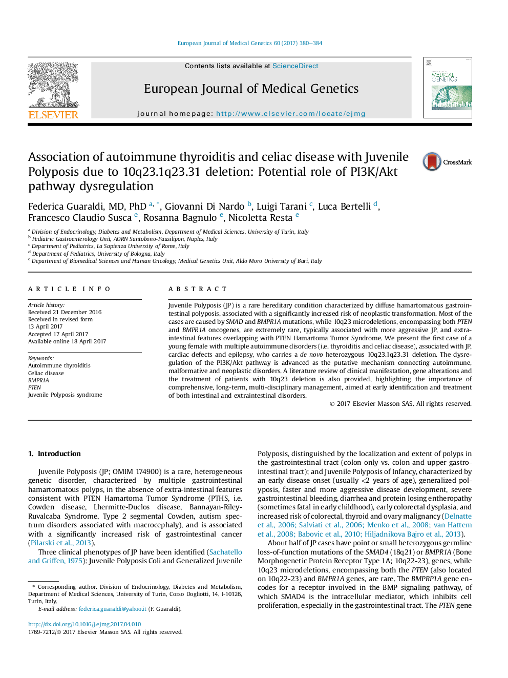 Association of autoimmune thyroiditis and celiac disease with Juvenile Polyposis due to 10q23.1q23.31 deletion: Potential role of PI3K/Akt pathway dysregulation