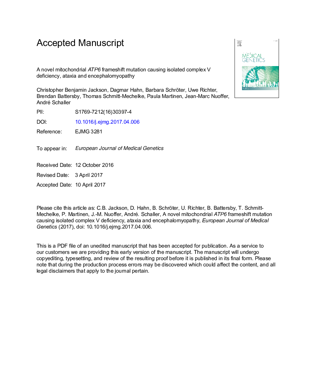 A novel mitochondrial ATP6 frameshift mutation causing isolated complex V deficiency, ataxia and encephalomyopathy