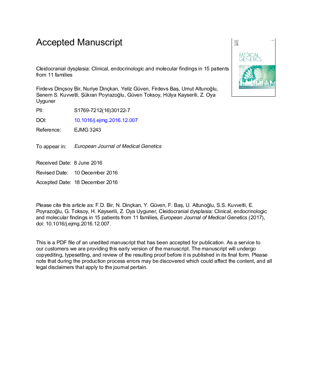 Cleidocranial dysplasia: Clinical, endocrinologic and molecular findings in 15 patients from 11 families