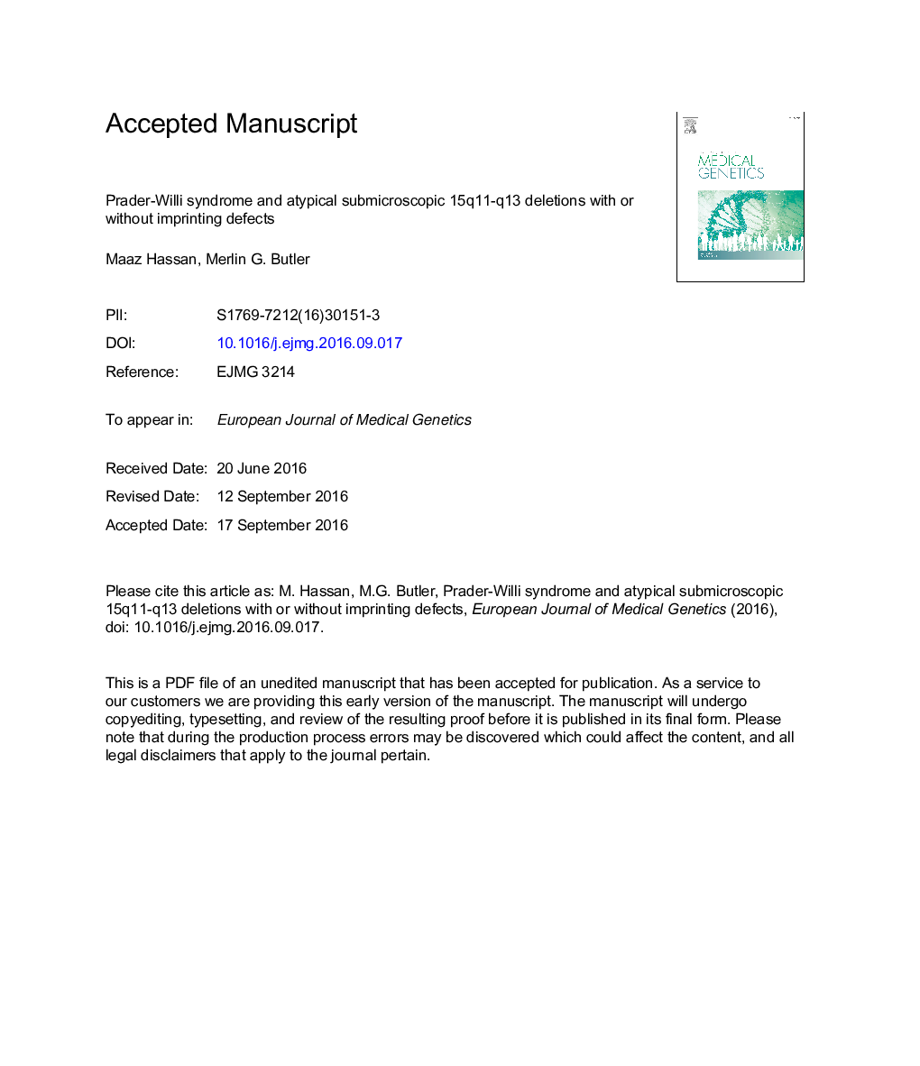 Prader-Willi syndrome and atypical submicroscopic 15q11-q13 deletions with or without imprinting defects