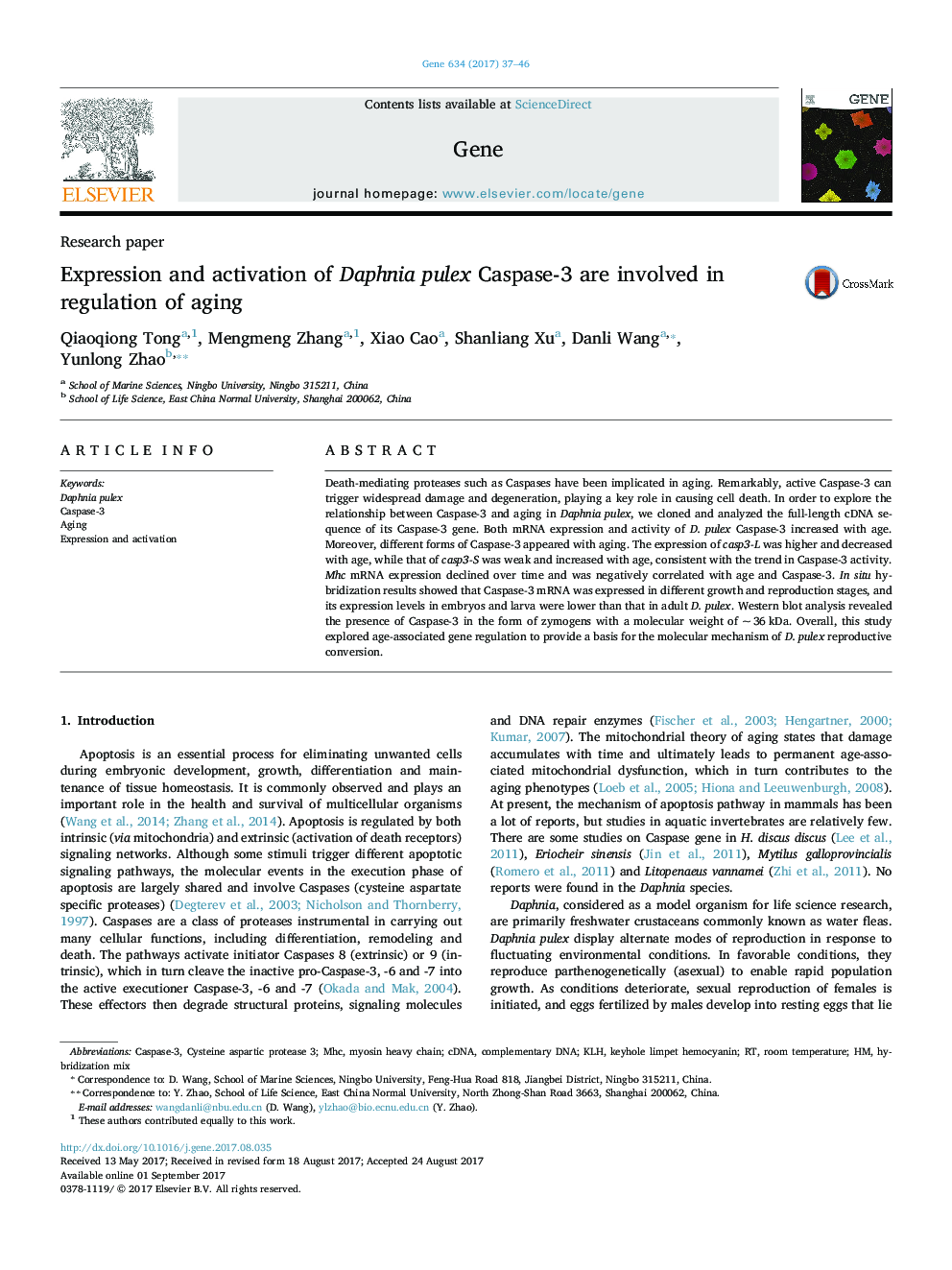 Expression and activation of Daphnia pulex Caspase-3 are involved in regulation of aging