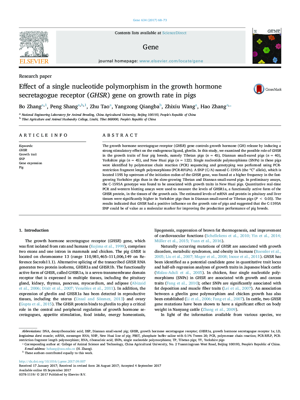 Effect of a single nucleotide polymorphism in the growth hormone secretagogue receptor (GHSR) gene on growth rate in pigs