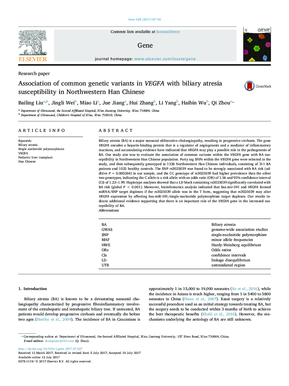 Association of common genetic variants in VEGFA with biliary atresia susceptibility in Northwestern Han Chinese