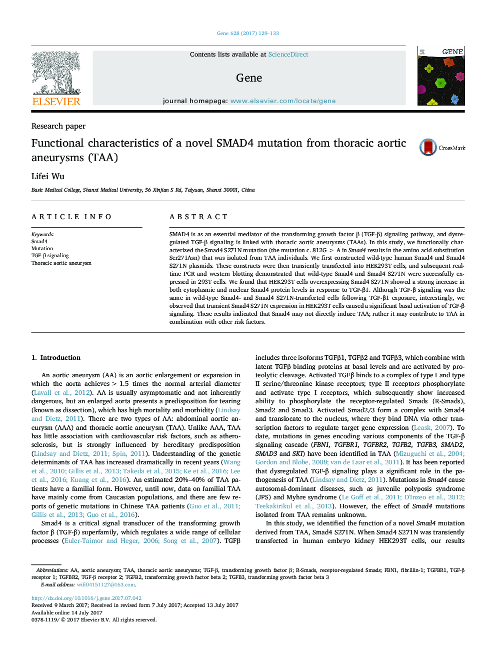 Functional characteristics of a novel SMAD4 mutation from thoracic aortic aneurysms (TAA)