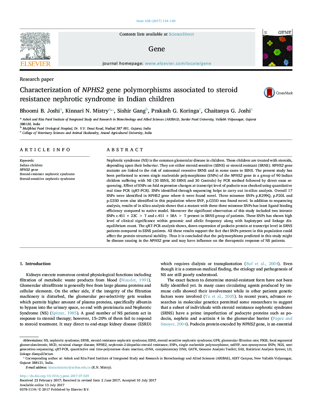 Characterization of NPHS2 gene polymorphisms associated to steroid resistance nephrotic syndrome in Indian children