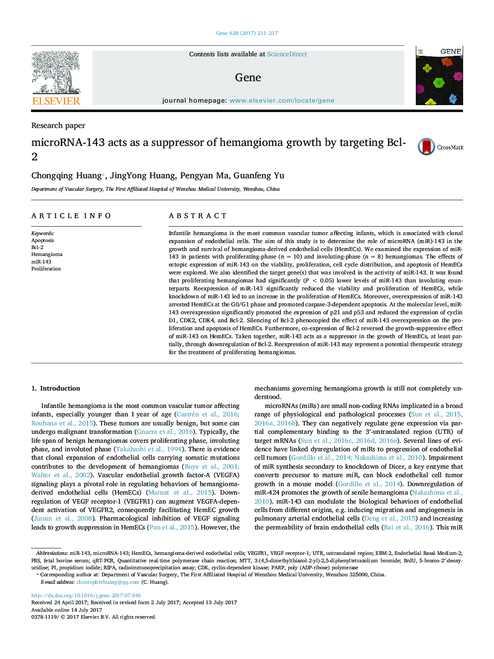 microRNA-143 acts as a suppressor of hemangioma growth by targeting Bcl-2