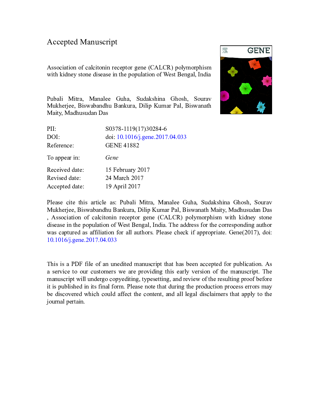 Association of calcitonin receptor gene (CALCR) polymorphism with kidney stone disease in the population of West Bengal, India