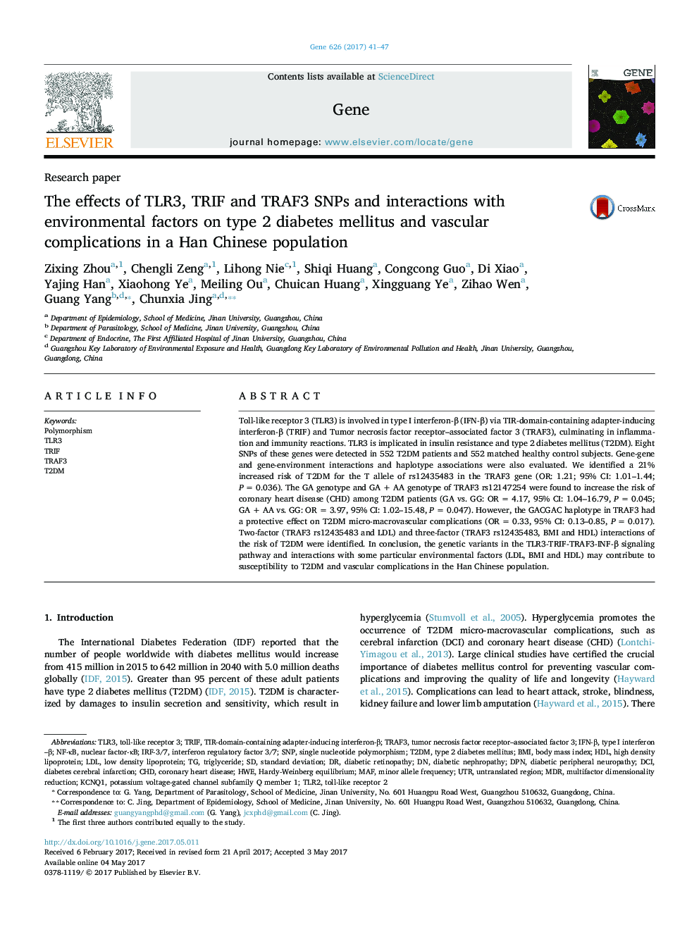 The effects of TLR3, TRIF and TRAF3 SNPs and interactions with environmental factors on type 2 diabetes mellitus and vascular complications in a Han Chinese population