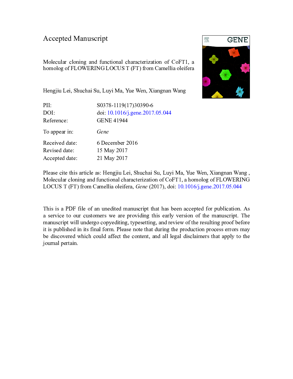 Molecular cloning and functional characterization of CoFT1, a homolog of FLOWERING LOCUS T (FT) from Camellia oleifera