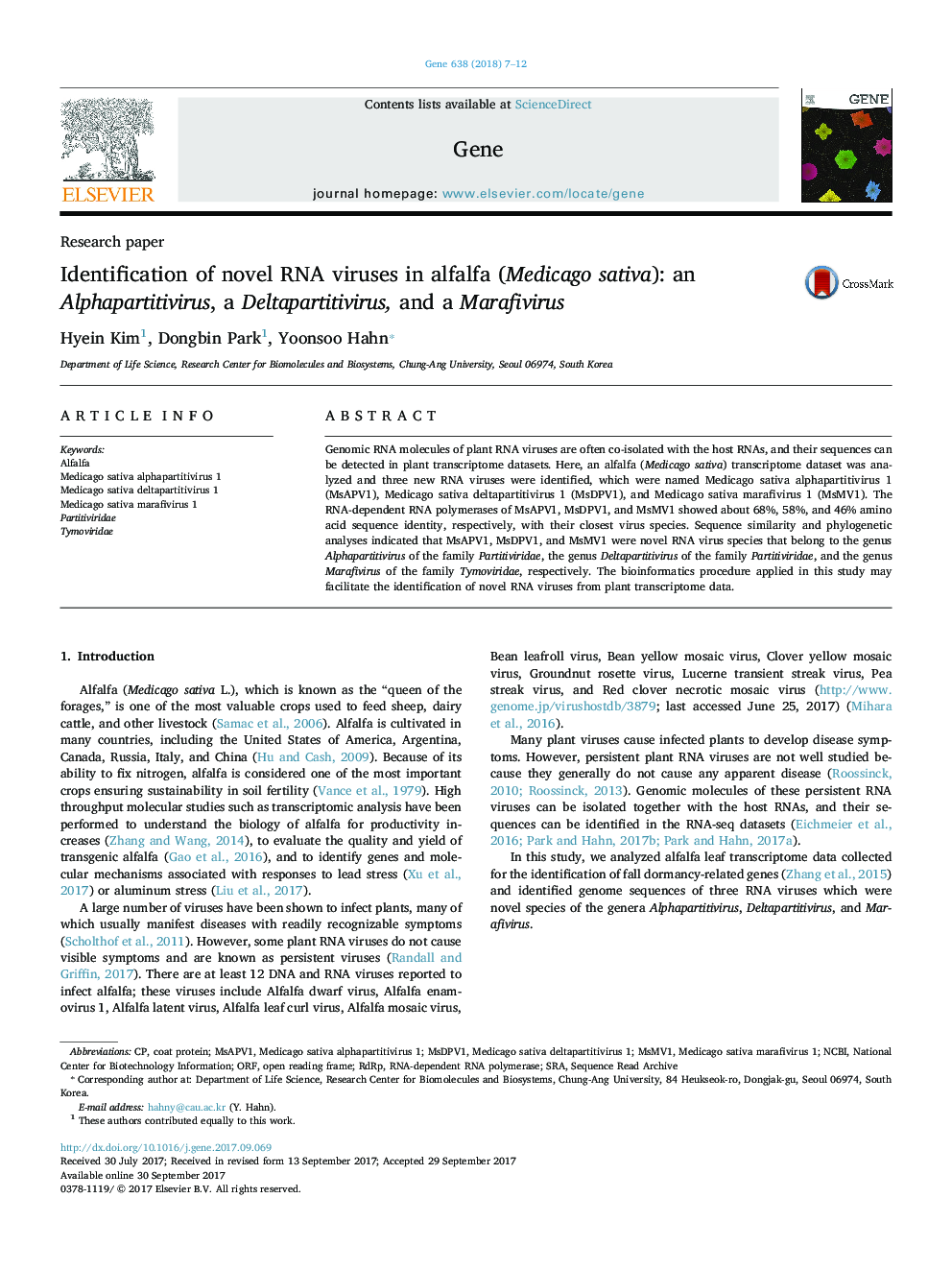 Identification of novel RNA viruses in alfalfa (Medicago sativa): an Alphapartitivirus, a Deltapartitivirus, and a Marafivirus