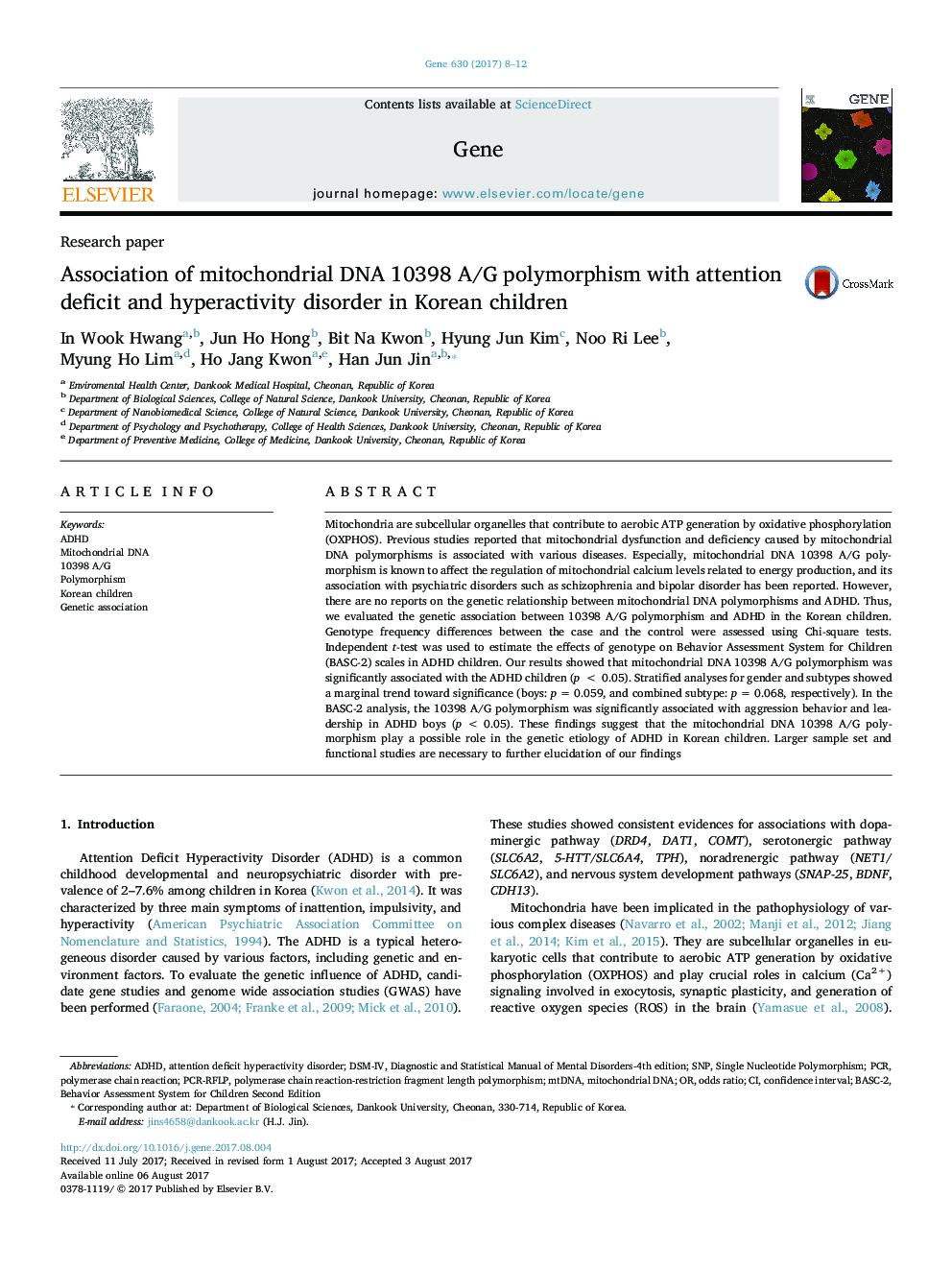 Association of mitochondrial DNA 10398 A/G polymorphism with attention deficit and hyperactivity disorder in Korean children